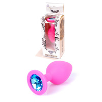 Анальная пробка с голубым кристаллом Plug-Jewellery Pink Silicon PLUG Medium- Light Blue Diamond