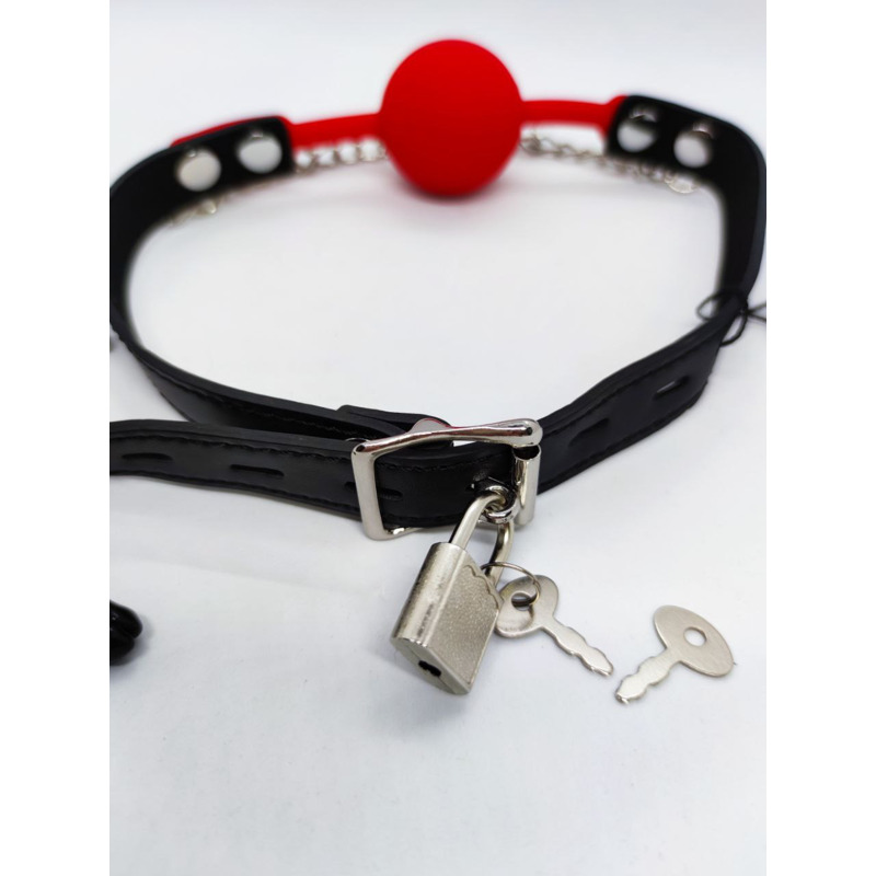 Кляп с зажимами на соски DS Fetish Locking gag with nipple clamps black/red