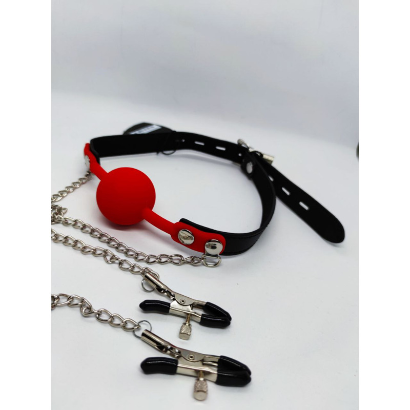 Кляп с зажимами на соски DS Fetish Locking gag with nipple clamps black/red
