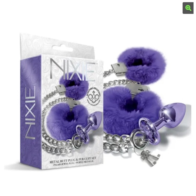Набор Global Novelties NIXIE METAL BUTT PLUG & FURRY HANDCUFF SET, MEDIUM, PURPLE METALLIC