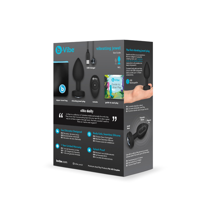 Анальная пробка с камнем с вибрацией M/L B-Vibe с дистанционным пультом управления, черная