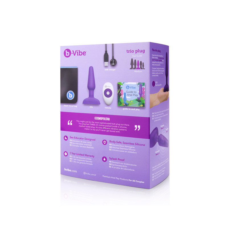 Анальная пробка с вибрацией и пультом, три мотора B-Vibe - Trio, фиолетовая