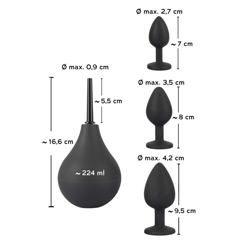 Набор Black Velvet анальные пробки и анальный душ, 4 предмета, черного цвета