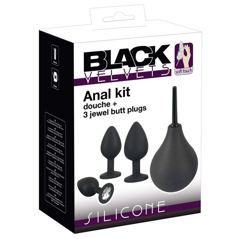 Набор Black Velvet анальные пробки и анальный душ, 4 предмета, черного цвета