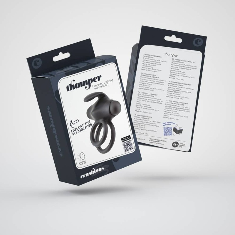 Вибро-эрекционное кольцо с дистанционным пультом Crushious Thumper черное, 8.5 см