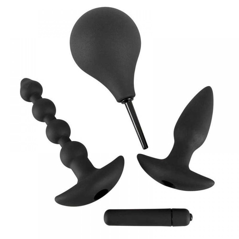 Анальный сет Black Velvet Anal Kit (анальная пробка, анальные бусы, вибропуля, анальный душ), черный