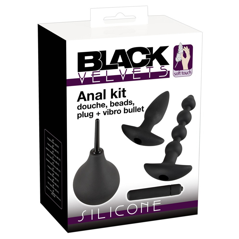 Анальный сет Black Velvet Anal Kit (анальная пробка, анальные бусы, вибропуля, анальный душ), черный