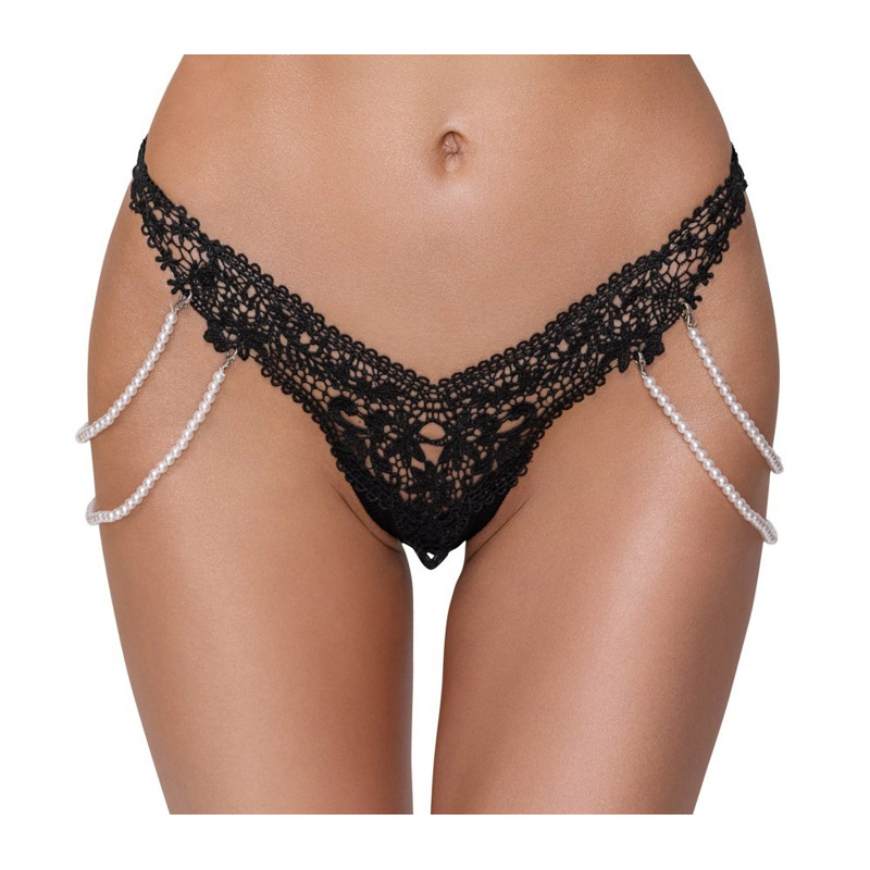 Стринги Cottelli Collection с жемчужными цепочками по бокам, черные, S/M