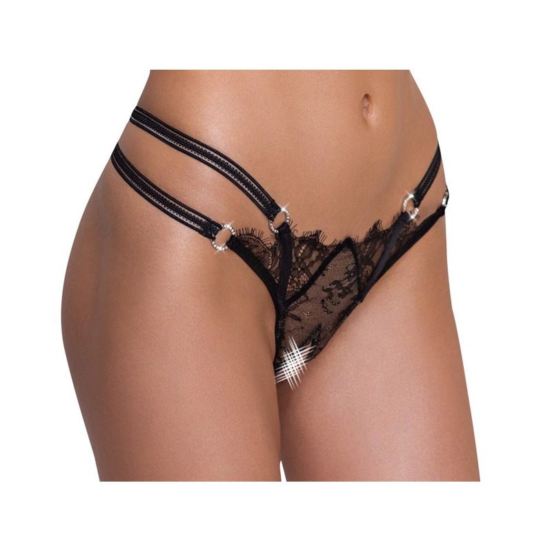 Стринги кружевные Cottelli Collection с открытым доступом, черные, S/M
