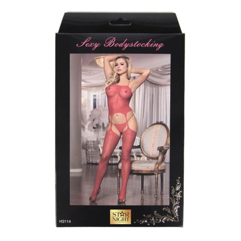 Бодистокинг в сеточку с имитацией чулков Star Night красный, XS-M