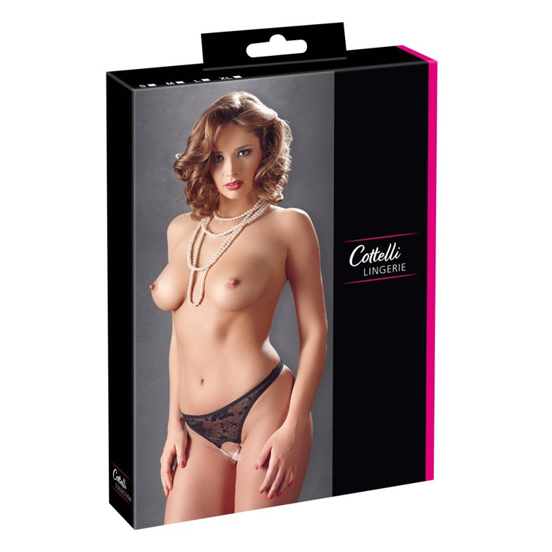 Мереживні трусики Cottelli Collection з відкритим доступом і перлами, чорні, розмір S Мереживні трусики Cottelli Collection з відкритим доступом і перлами, чорні, розмір S