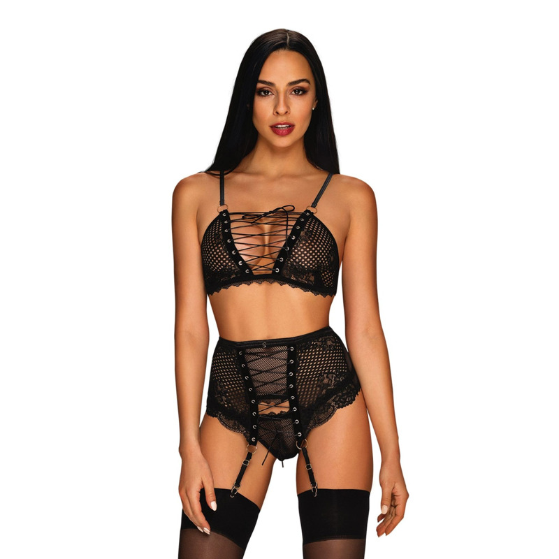 Комплект со шнуровкой и поясом для чулок Obsessive Basitta, черный, L/XL