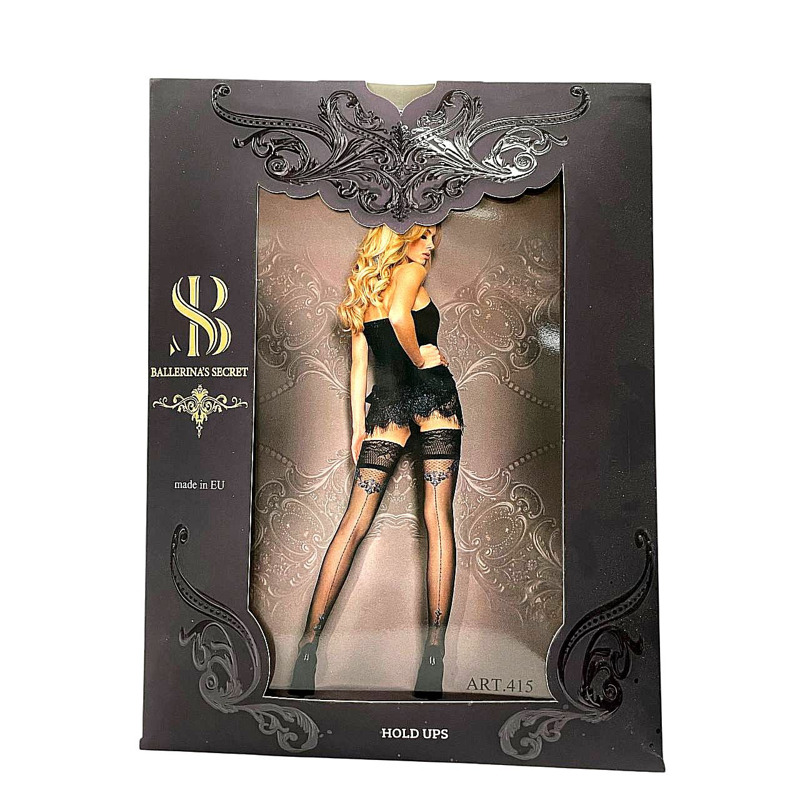 Прозрачные черные чулки Ballerina's Secret с узором, кружевным верхом и задним швом, L/XL