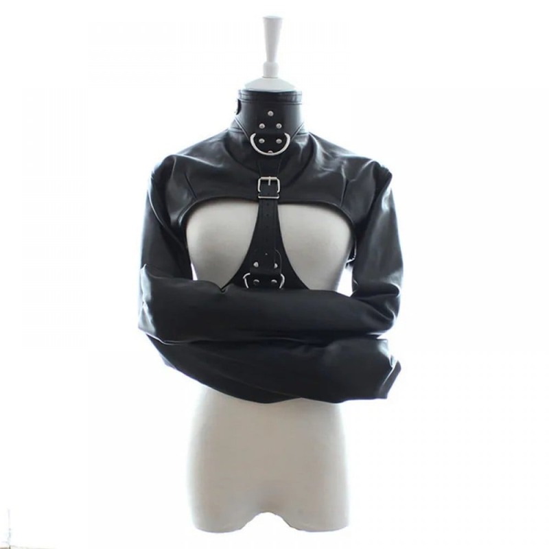 Бондажная смирительная рубашка, экокожа, черная, One Size