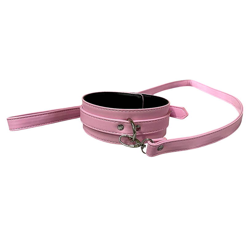 Ошейник с поводком DS Fetish Collar и серебристой фурнитурой, розовый
