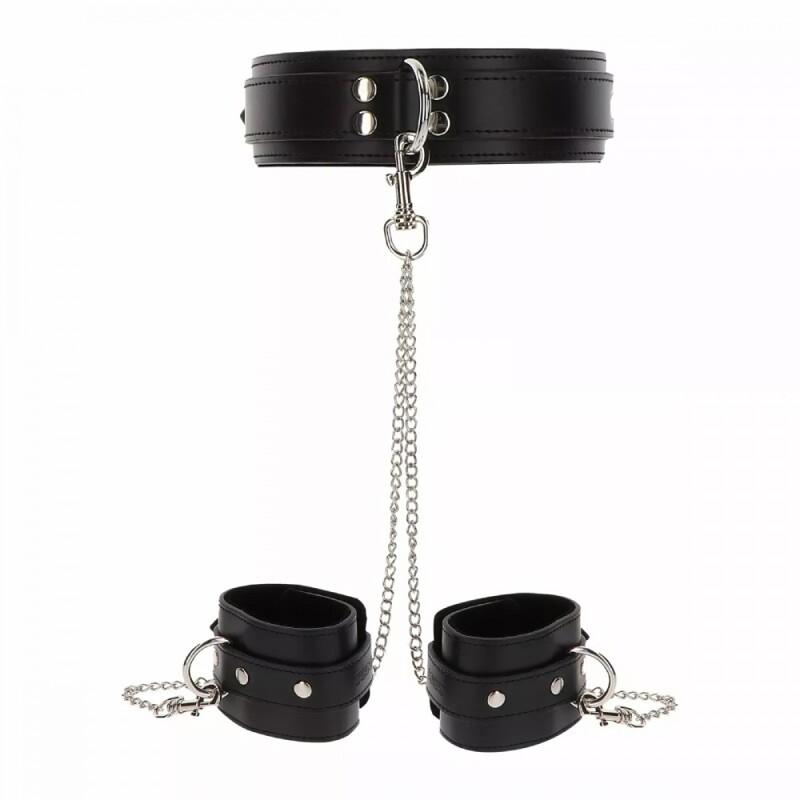 Широкий ошейник с наручниками и цепью Taboom Luxury Bondage Essentials, черный