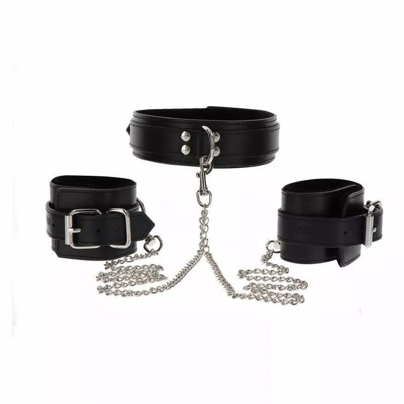 Широкий ошейник с наручниками и цепью Taboom Luxury Bondage Essentials, черный