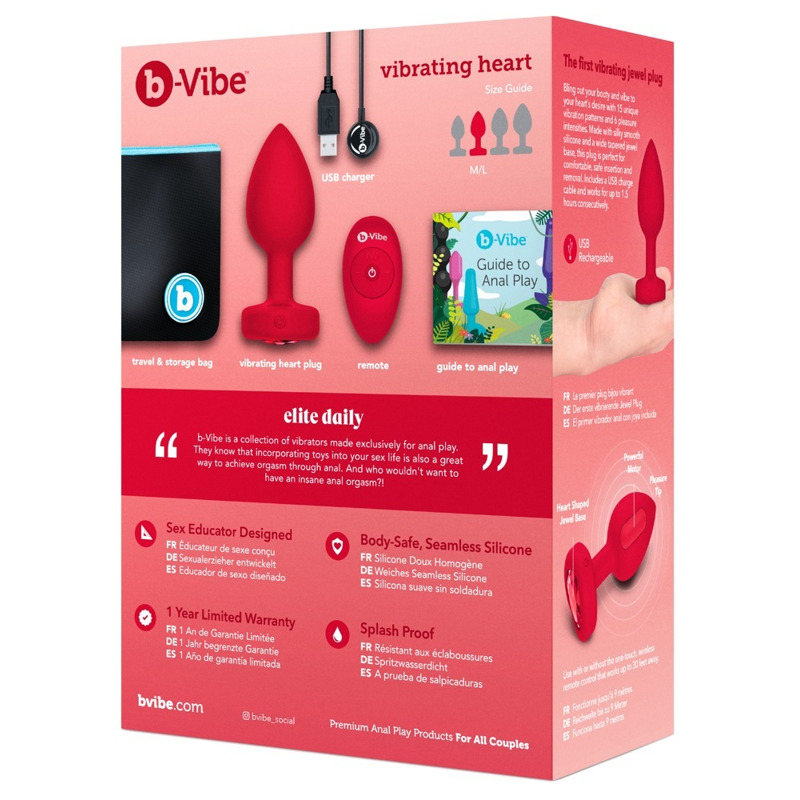 Анальная пробка с вибрацией и пультом управления B-Vibe Vibrating Heart Plug M/L Red