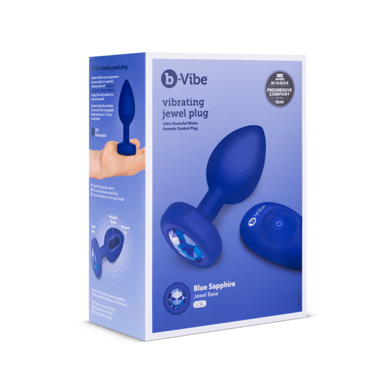 Анальная пробка с камнем и с вибрацией L/XL B-Vibe с дистанционным пультом управления, синяя