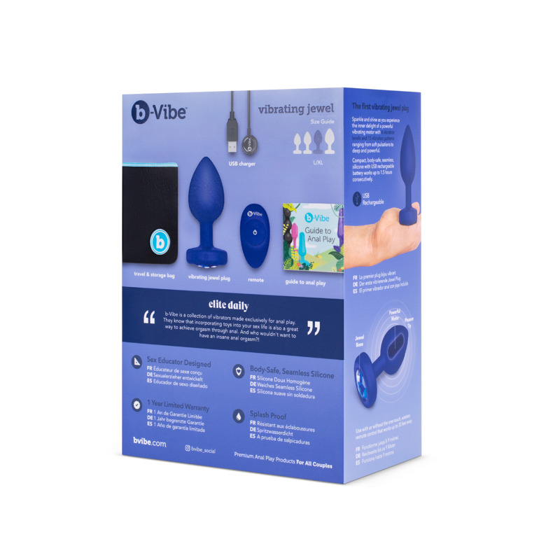 Анальная пробка с камнем и с вибрацией L/XL B-Vibe с дистанционным пультом управления, синяя