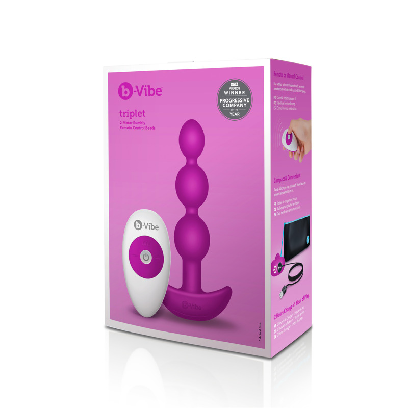 Анальные шарики с пультом, 2 мотора B-Vibe TRIPLET ANAL BEADS, фуксия