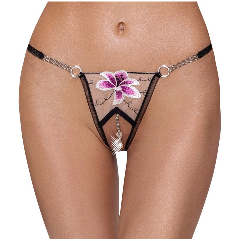 Стринги с цветочной вышивкой и открытым доступом Cottelli String Flower, S/M