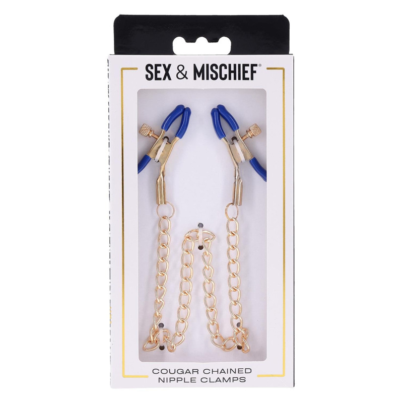 Золотистые зажимы для сосков Sex & Mischief Cougar Chained с синими наконечниками