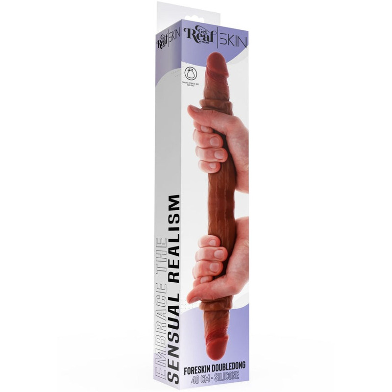 Силиконовый двойной фаллоимитатор ToyJoy Get Real с крайней плотью, коричневый