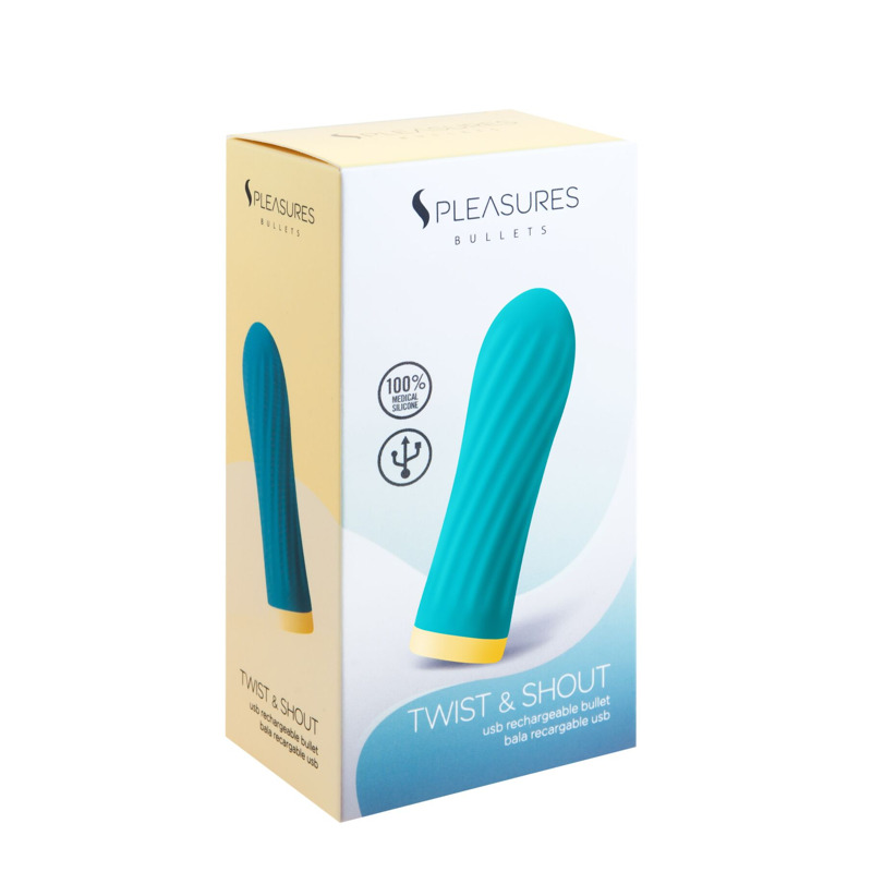 Вибропуля S Pleasures Bullets Twist & Shout Turquoise, бирюзовая, ребристая поверхность, 10 режимов