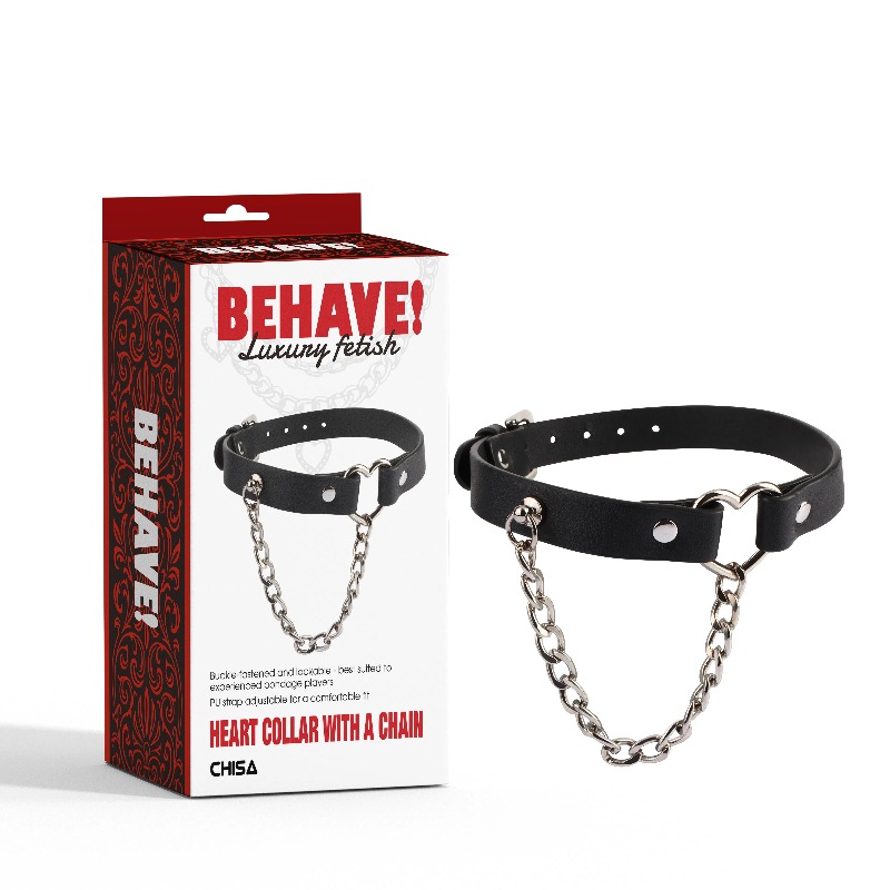 Ошейник с декоративным сердцем и серебристой цепочкой Chisa BEHAVE! Luxury Fetish черный