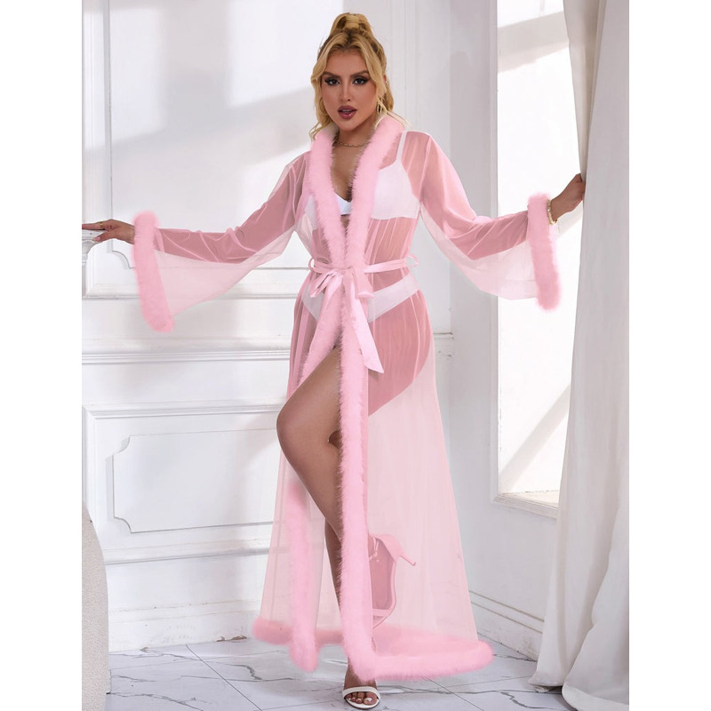 Розовый сексуальный длинный халатик в сеточку Star Night с отделкой из меха под норку и поясом, M