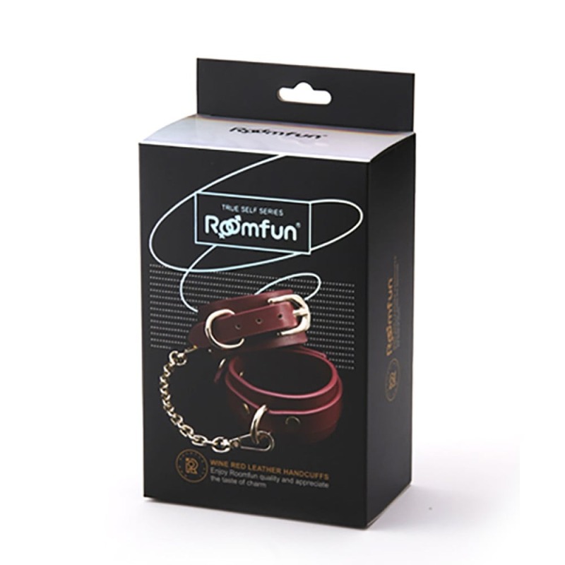 Наручники из экокожи бордовые Romfun Handcuff с золотистой фурнитурой