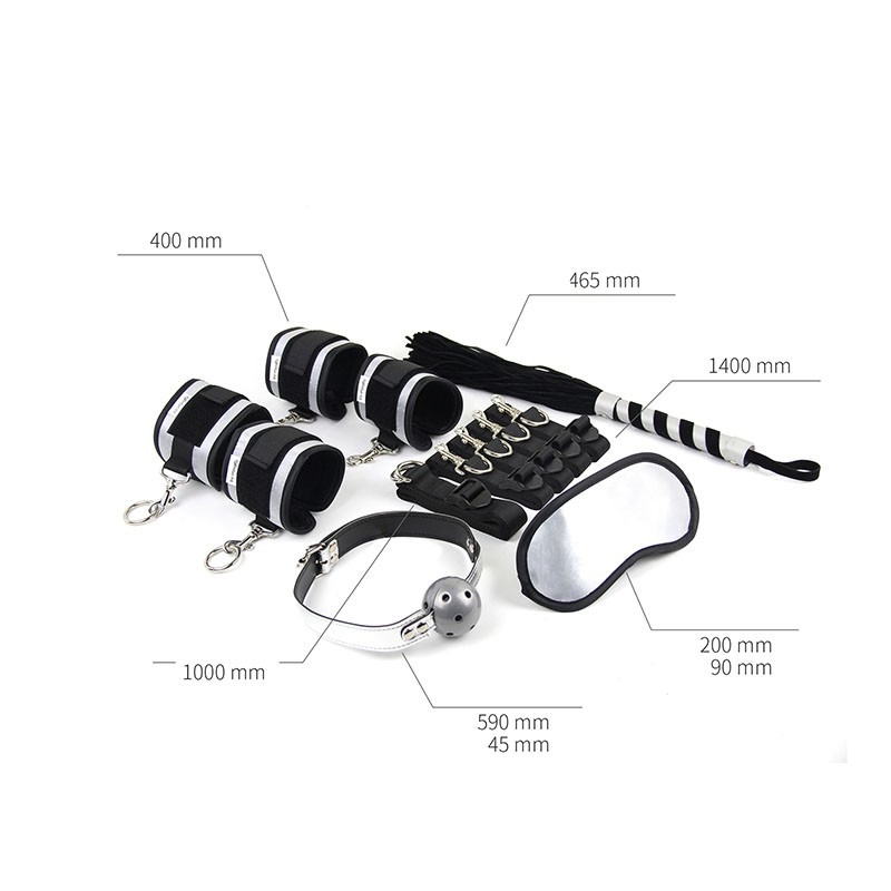 Набор БДСМ Roomfun Bedroom Restraint Kit фиксаторы, кнут, кляп, маска, черный-серый