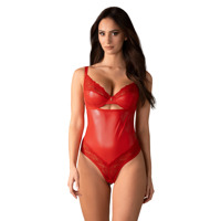 Боді вінілове з квітковим мереживом Obsessive Aliosa teddy червоне, S/M