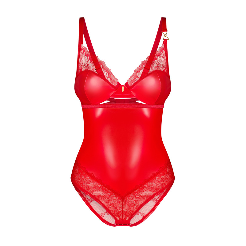 Боди виниловое с цветочным кружевом Obsessive Aliosa teddy красное, S/M