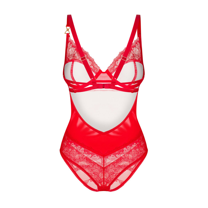 Боди виниловое с цветочным кружевом Obsessive Aliosa teddy красное, S/M