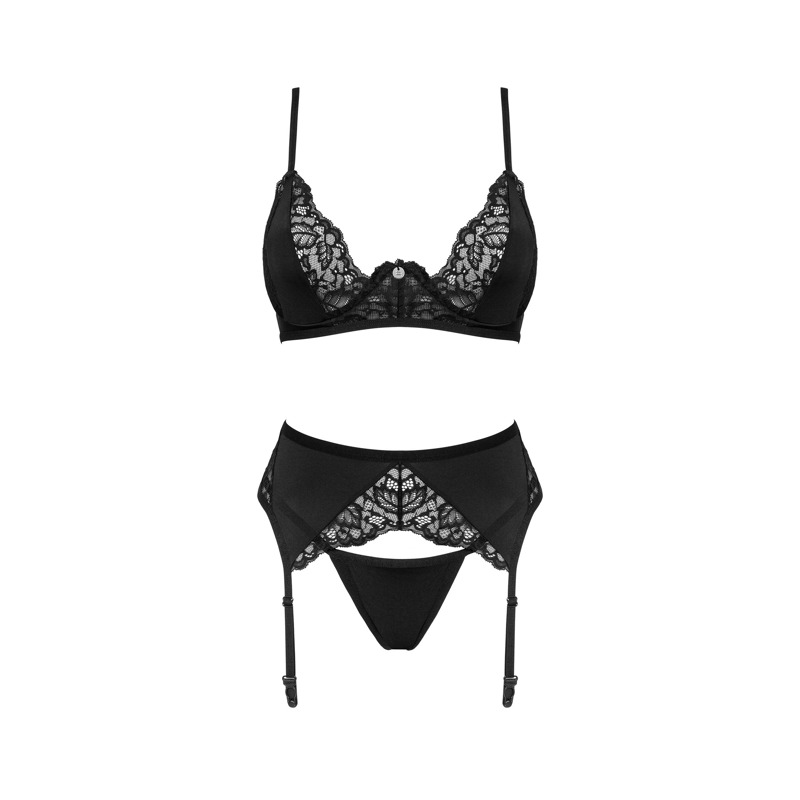 Комплект белья кружевной с поясом для чулок Obsessive Bellastia черный, XS/S