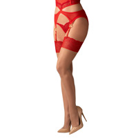 Бежевые чулки Obsessive Cupide Desir с красным кружевом, S/M