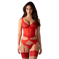 Корсет с пажами для чулок и стринги Obsessive Cupide Desir красный, S/M