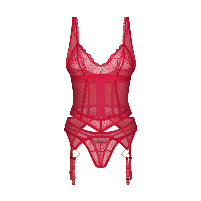 Корсет с пажами для чулок и стринги Obsessive Cupide Desir красный, S/M