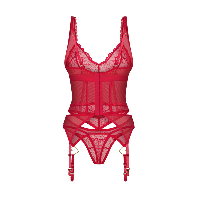 Корсет с пажами для чулок и стринги Obsessive Cupide Desir красный, S/M
