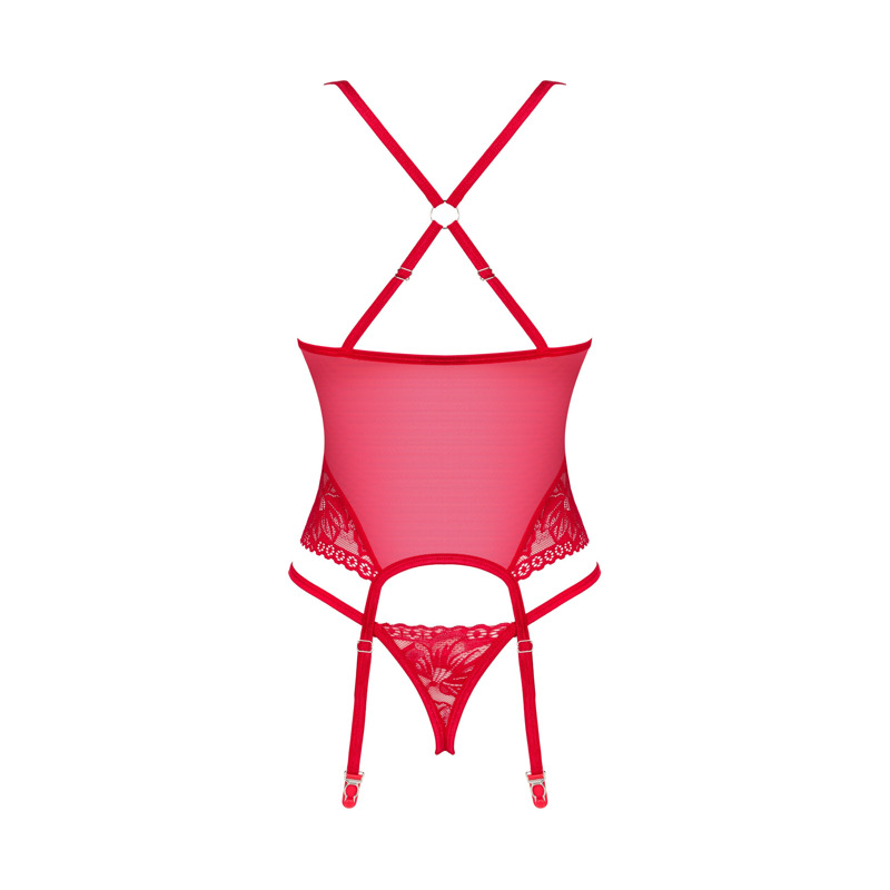 Прозрачный корсет с кружевными вставками и стринги Obsessive Lacelove красный, XS/S