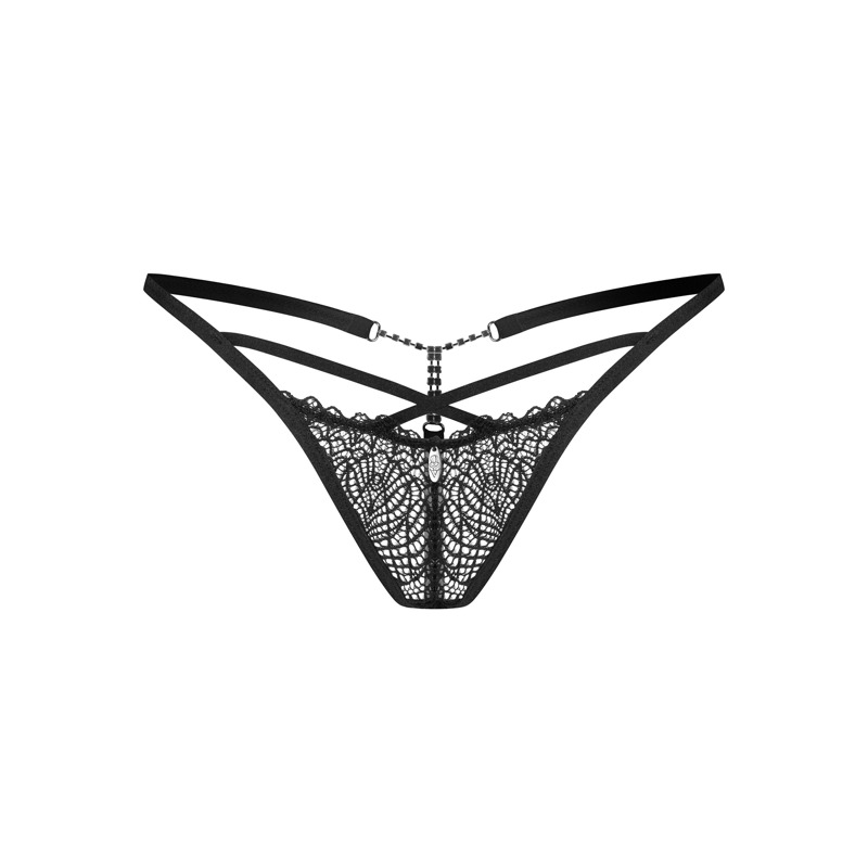 Кружевные черные стринги Obsessive Iliosa с декоративными стразами, S/M