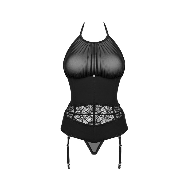 Корсет с трусиками Obsessive Serafia полупрозрачный, чёрный, XS-S
