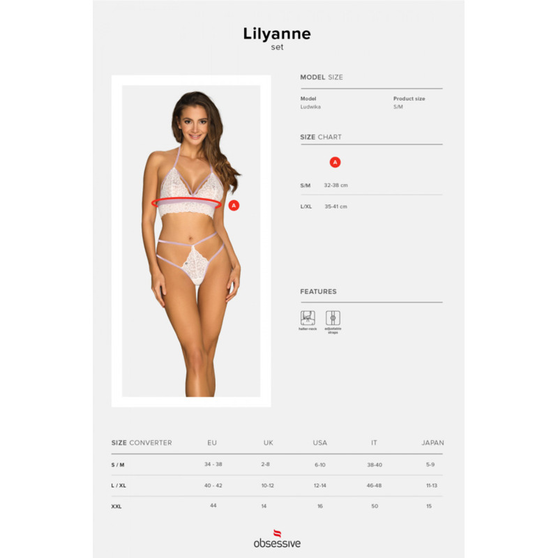Эротичный комплект кружевной Obsessive Lilyanne 2-pcs set white S/M