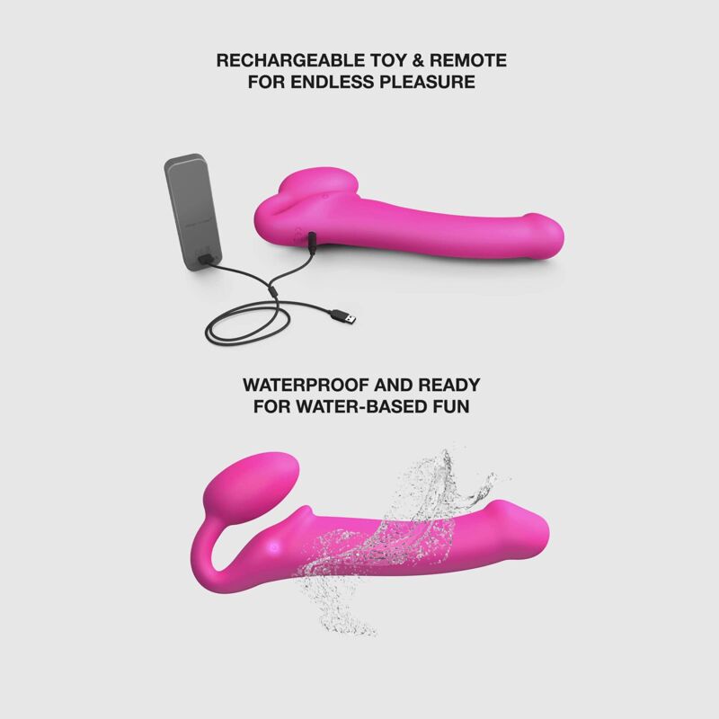 Безремневой страпон с вибрацией Strap-On-Me Vibrating Fuchsia XL, диам. 4,7см, пульт ДУ, регулируемый