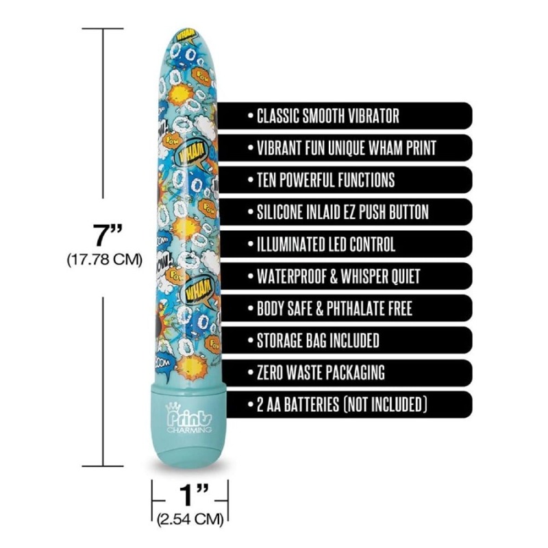 Вибратор классический Global Novelties Prints Charming Pop Tease с ярким принтом, голубой