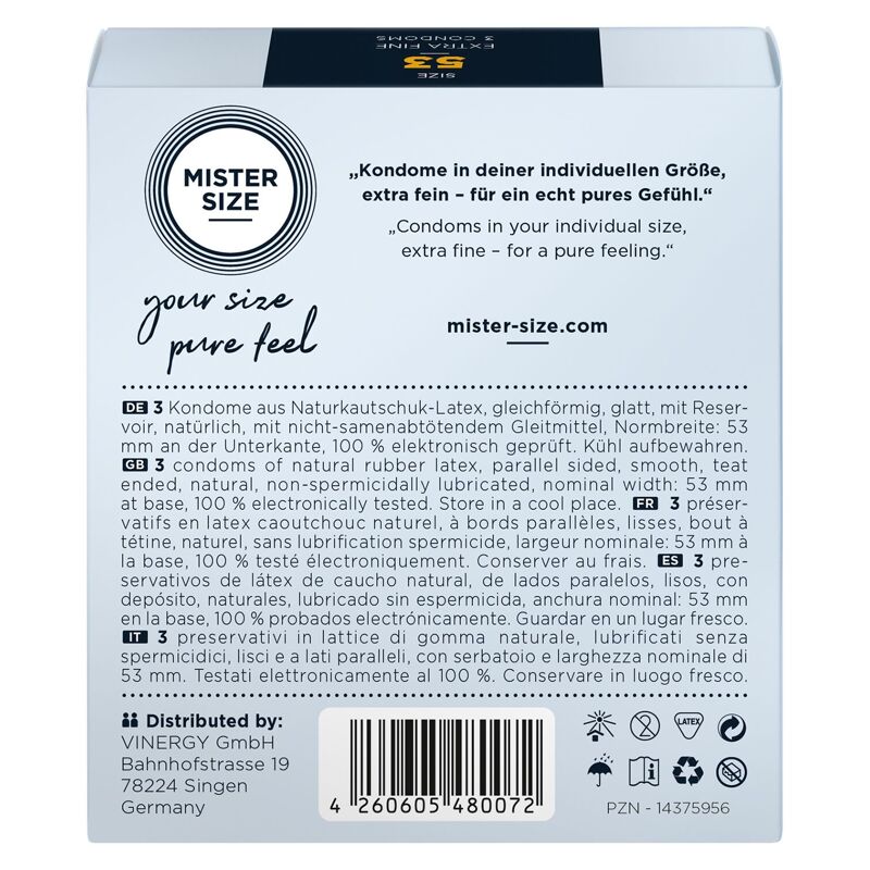 Распродажа!!! Презервативы Mister Size - pure feel - 53 (3 шт) (срок 05.2026)