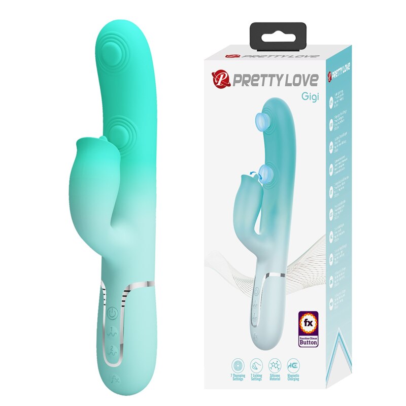 Вибратор-кролик PRETTY LOVE Gigi с стимулятором язычком, голубой, 22.8 х 3.4 см