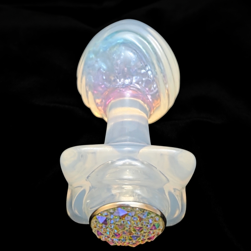 Анальная пробка ребристая UNIVIBE с камнем, силиконовая, радужная, 9 х 4.9 см